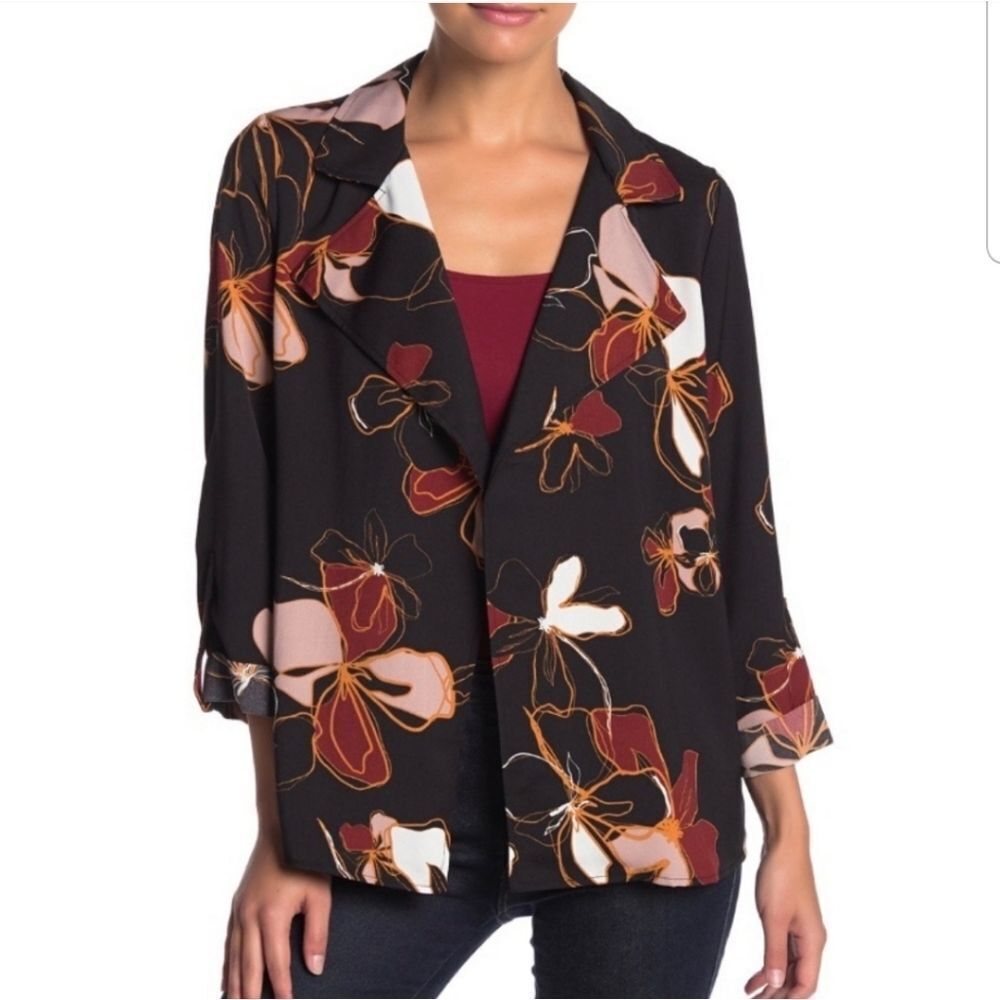 14th & Union Notch Lapel Trapeze Jacket Size Small Open Front Floral Lightweight